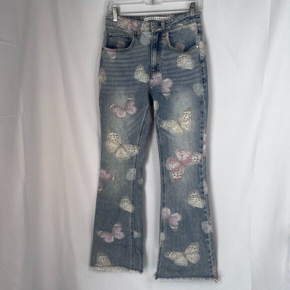 Tinseltown Denim Butterfly Jeans Light Wash High Rise Flare Leg Raw Hem JRS Sz 5 - Picture 9 of 9
